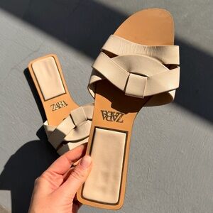 ZARA Leather Cross-Strap Sandals – Beige
